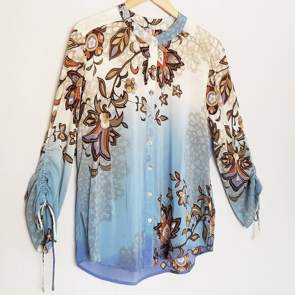 Citron Santa Monica Fall Leaf Silk Blend Blouse Top M Ruched Sleeves Lagenlook - Picture 14 of 16